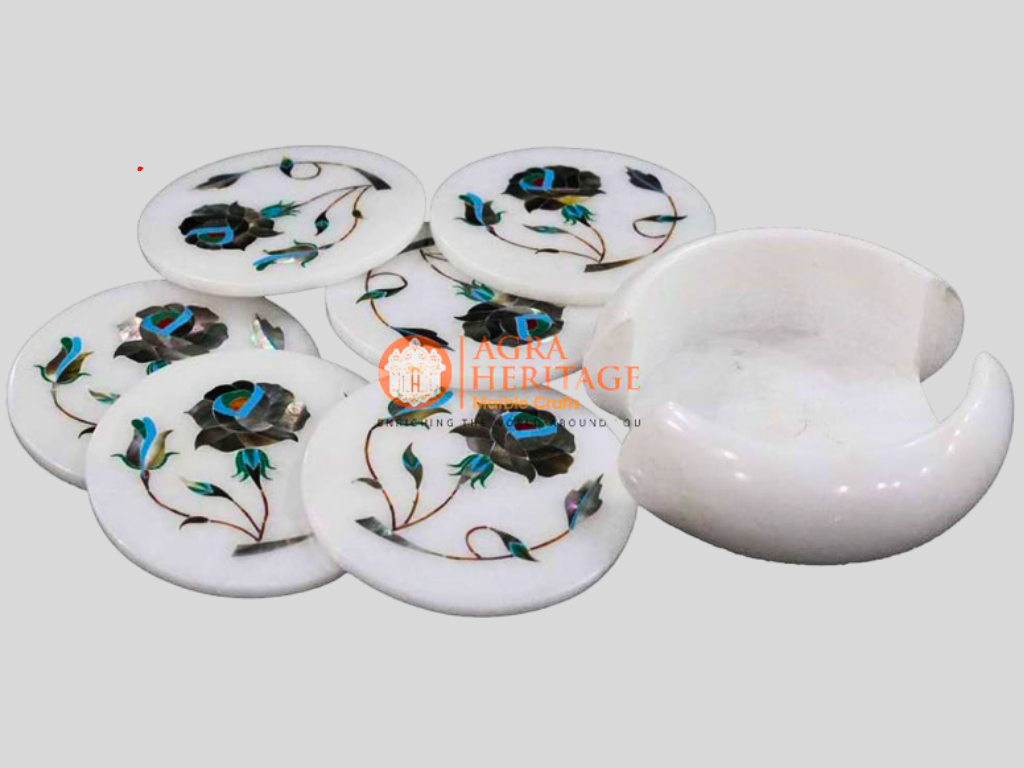 Marble Floral Inlay White Drink Coaster Set